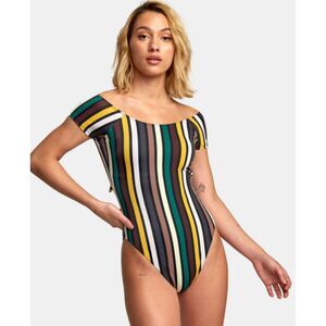 RVCA Green Brown Stripe Shilo One Piece Mid Rise Med Coverage Bathing Suit S NWT